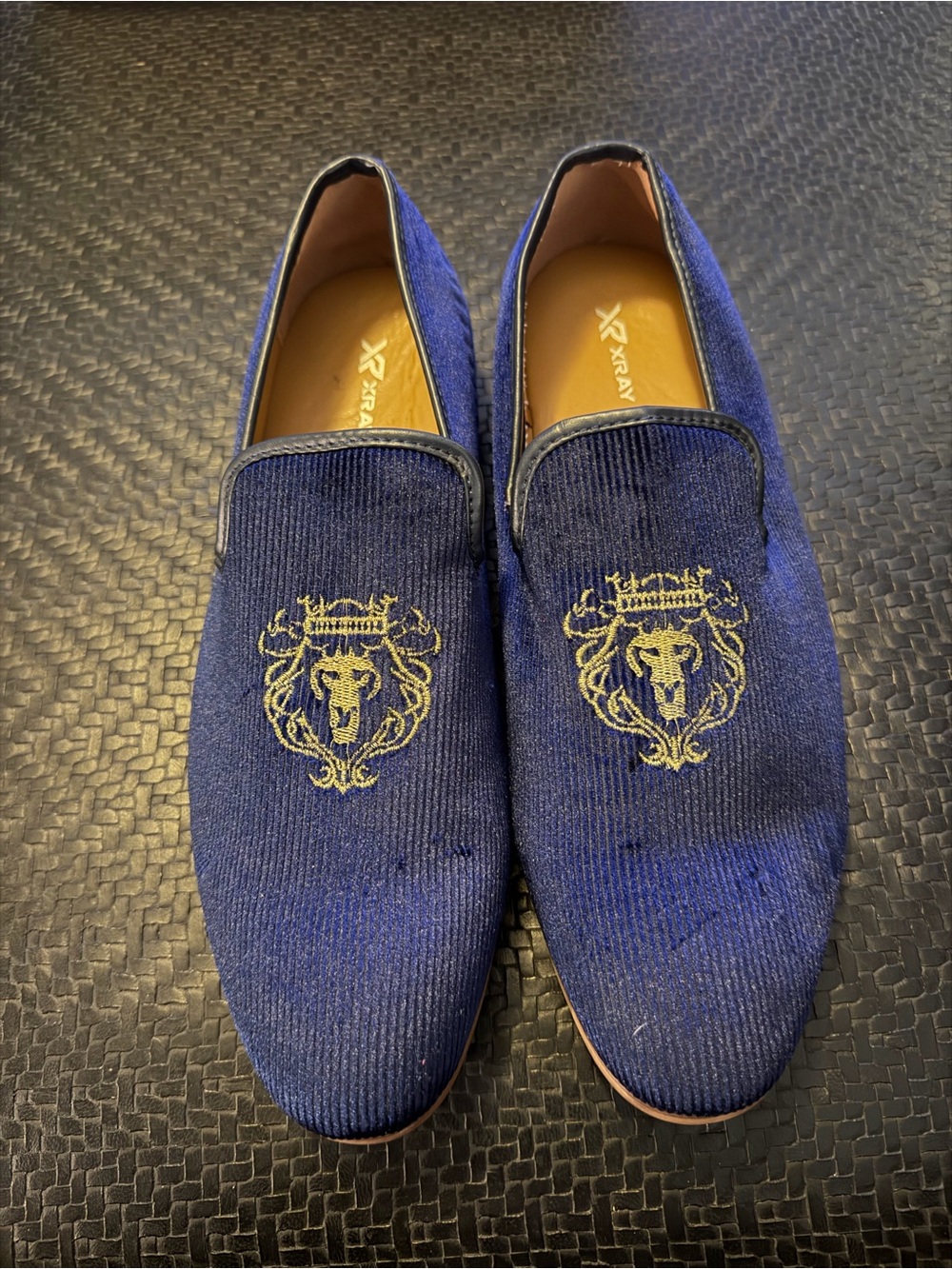X-Ray Navy Blue Velvet Slip-On Loafers with Gold Embroidered Crest